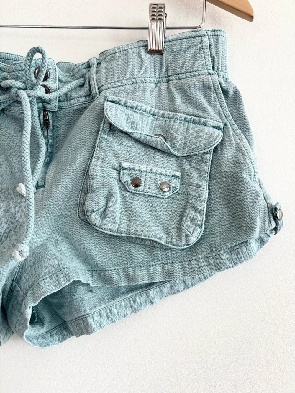 Free People Solid WAIMEA Slouchy Slate Blue Cargo Drawstring Shorts - Picture 6 of 13
